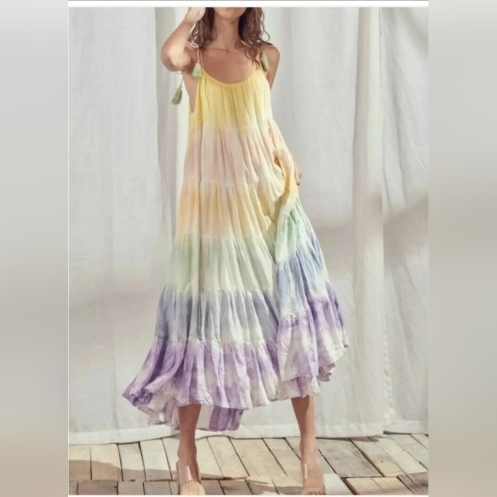 Storia Sea Breezy Tie Dye Maxi Dress With Adjustable Tie Tassles Sz S